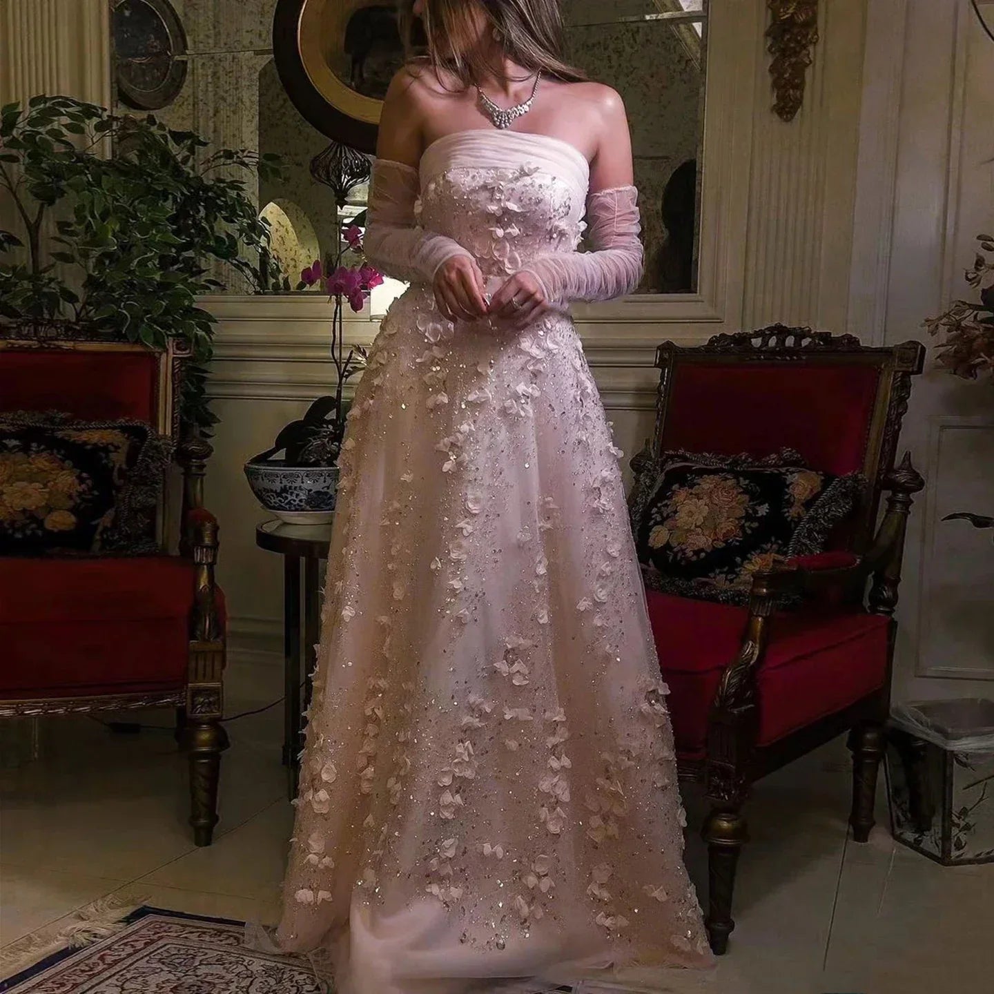 3D Flowers Strapless Evening Dress with Long Sleeves
