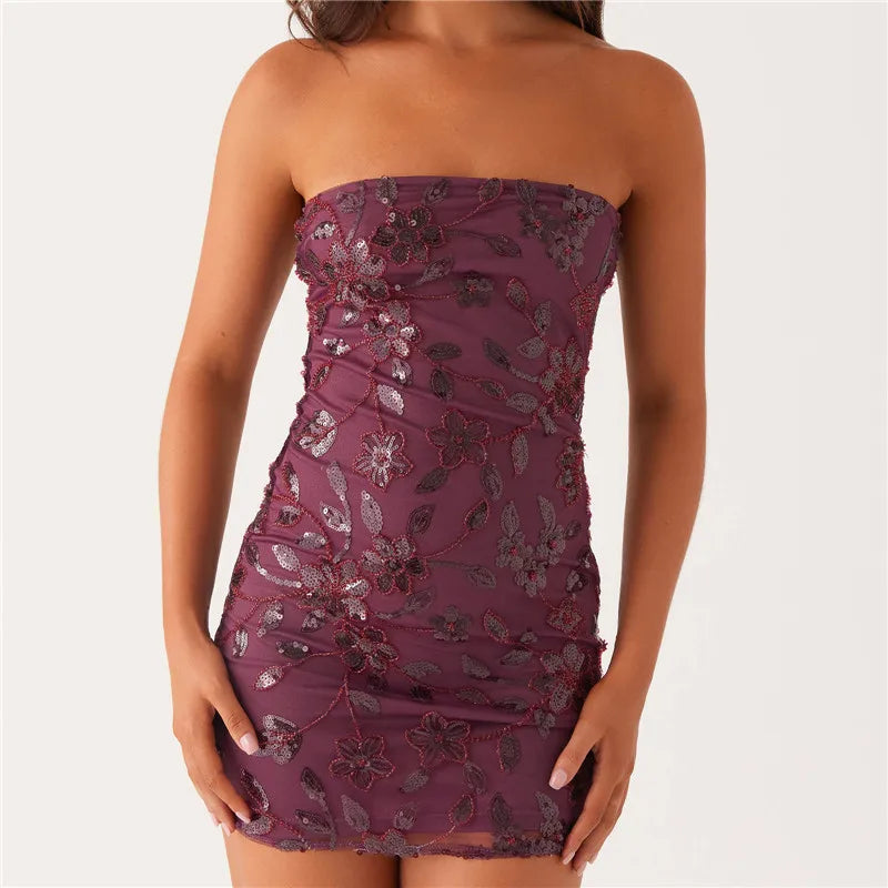 Sequin Strapless Glitter Floral Dress