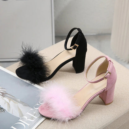 Summer Gladiator Sandals with Fluffy Peep Toe and Low Square High Heels for Women