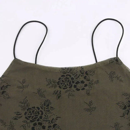 Floral Print Spaghetti Strap Lettuce-Hem Mesh Maxi Dress