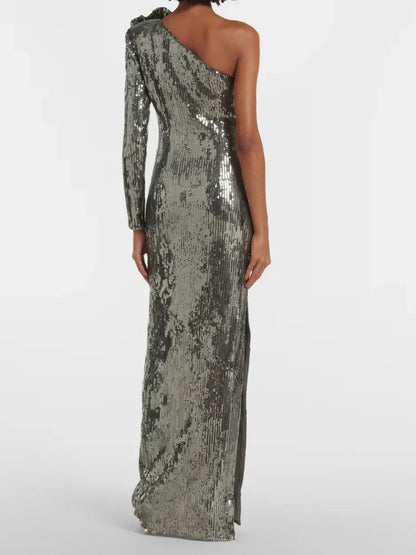 One Shoulder 3D Flower Sequin Dress
