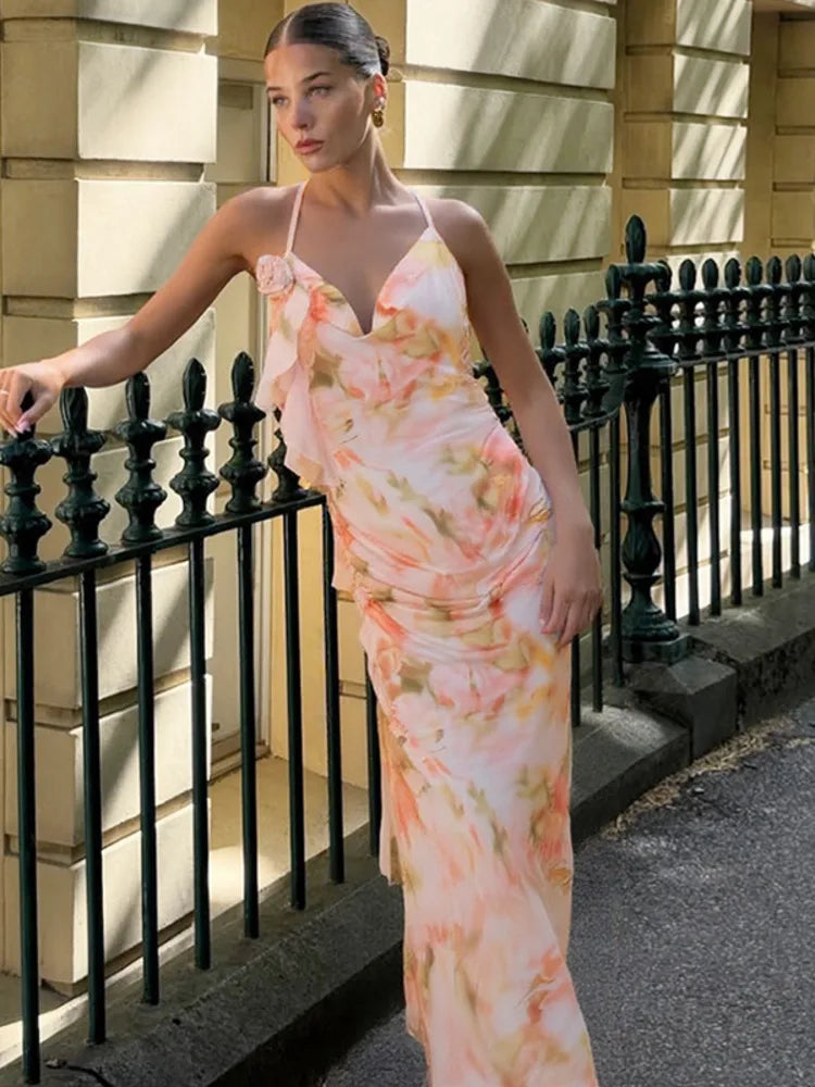Halter Print Ruffle Sleeveless Backless Vacation Dress
