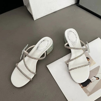 Glitter Rhinestones Bowknot Women Slippers with Crystal Narrow Low Heels