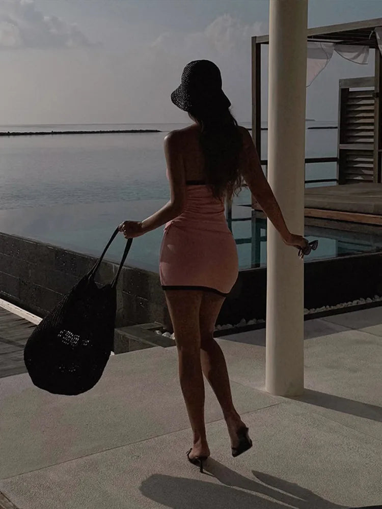 Strapless Contrast Trim Rib Knit Belted Bodycon Mini Dress