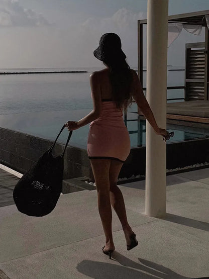 Strapless Contrast Trim Rib Knit Belted Bodycon Mini Dress