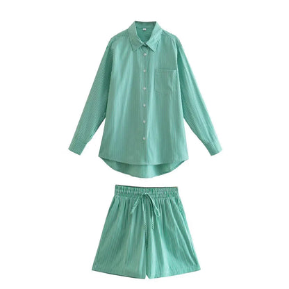 Drawstring Short Pants Sets 2024 New Summer Long Sleeve Pocket Irregular Blouse+Shorts Outfits Streetwear Casual Two-piece Set