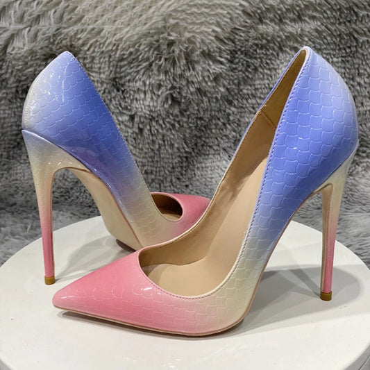 Blue Pink Crocodile Effect Pointy Toe High Heel Shoes for Women
