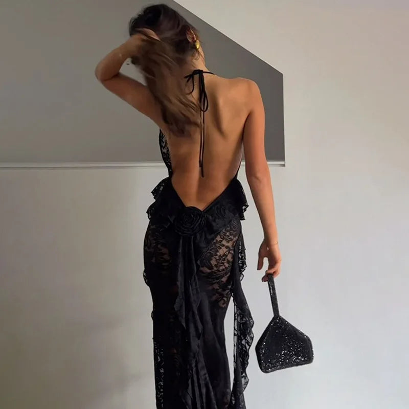 Lace Ruffled Spaghetti Strap Irregular Prom Dress