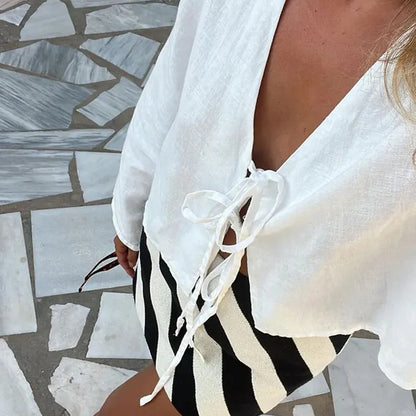 Lace Up Bow Cotton Linen Flare Sleeve Blouse
