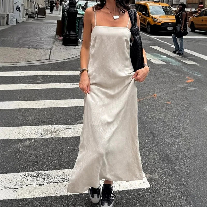 Square Neck Spaghetti Strap Linen Look Flowy Maxi Dress