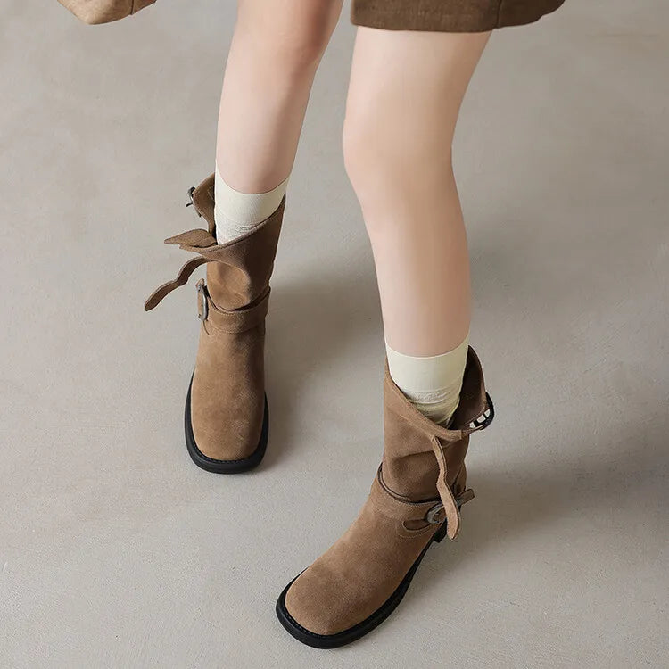 | Suede Buckle Boots in Black