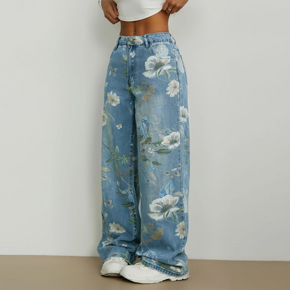 Floral Print Washed Denim Pant