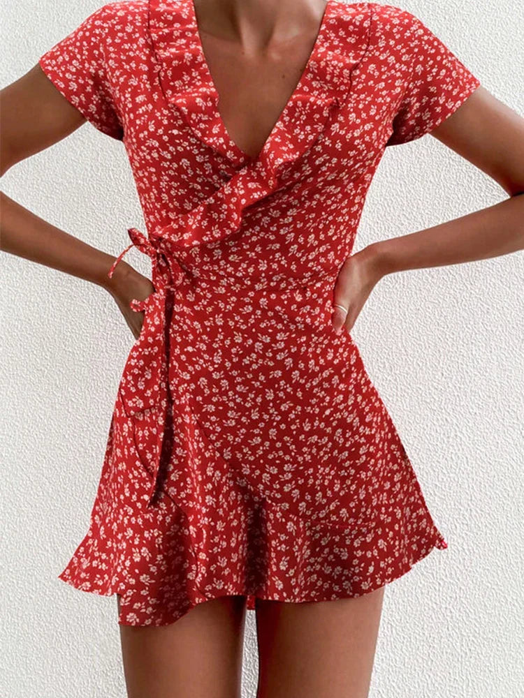 Ditsy Floral Print Wrap V-Neck Ruffle Trim Cap Sleeve Mini Dress