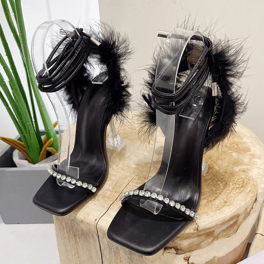 Crystal Womens Sandals with Fuzzy Feather Detail and Transparent High Heels