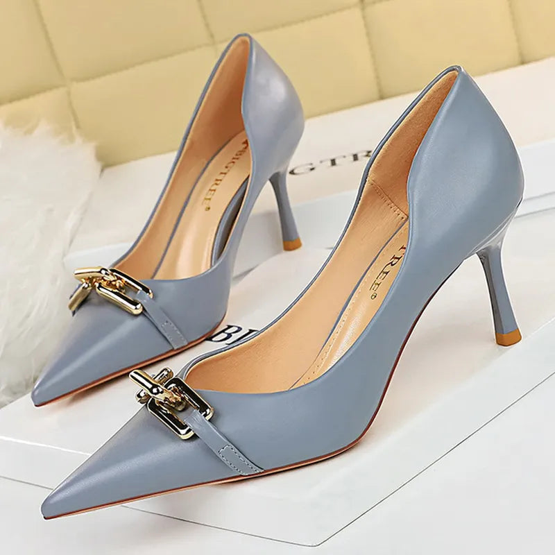 Metal Button Woman Pumps Patent Leather High Heels Sexy Party Shoes Stiletto Heels Luxurious
