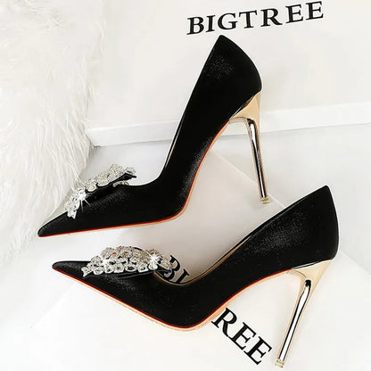 Women Pumps Rhinestone Bow High Heels in Silks and Satins