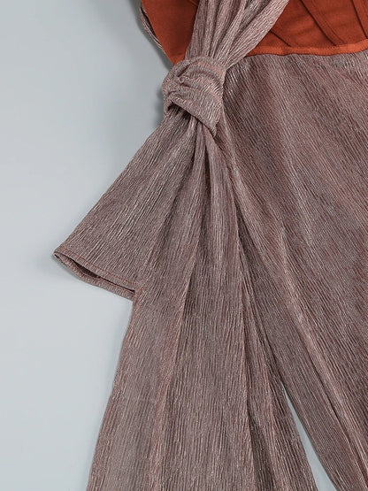 One Shoulder Draped Glitter Brown Maxi Dress