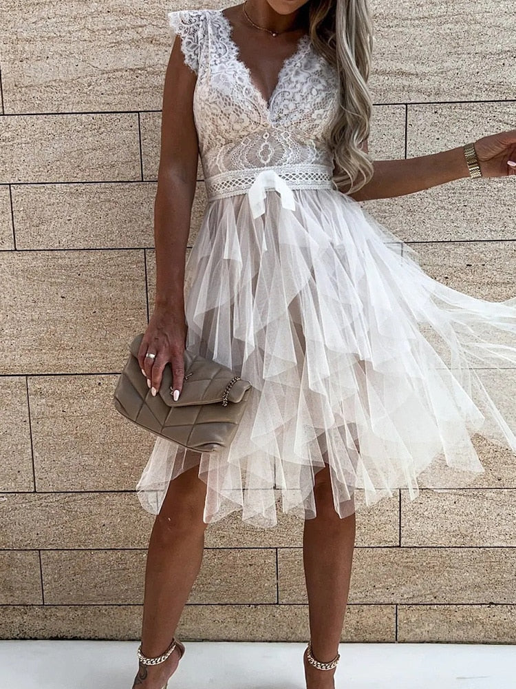 DressBetty - Lace Patchwork Asymmetrical White Dress Femme Sexy Sleeveless Slim Fit Party