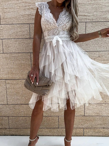 DressBetty - Lace Patchwork Asymmetrical White Dress Femme Sexy Sleeveless Slim Fit Party