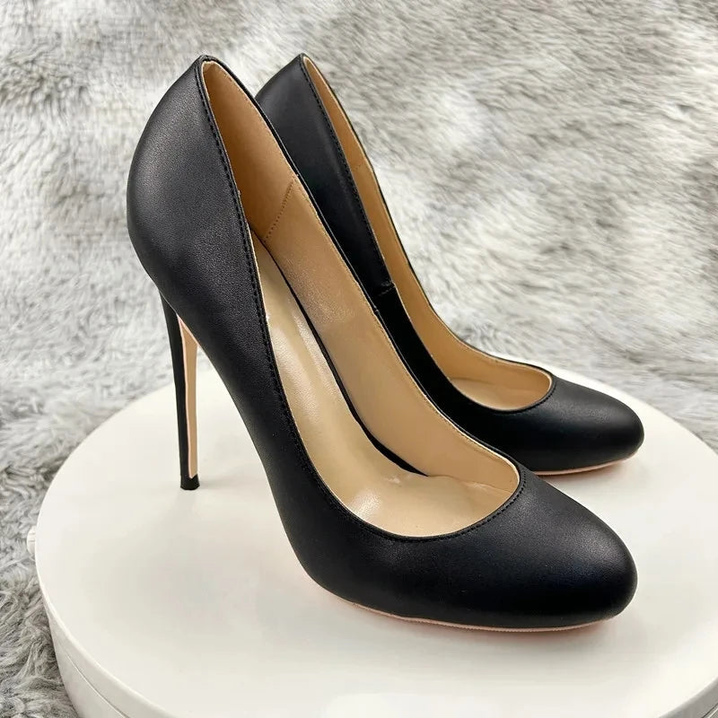Black Matte Women Sexy Cute Round Toe High Heels - 10cm or 12cm