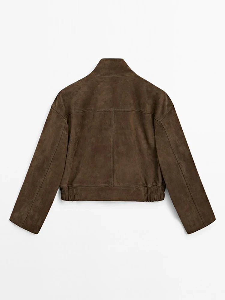 Zipper Suede Cargo Jacket Coat Button Lapel Maillard Slimming Workwear Leather Jackets Casual Short Outwear Commute Overcoat