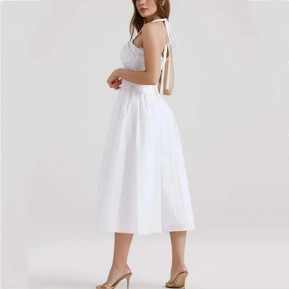 Corset Style Bow Halter Spliced Lace Midi Dress