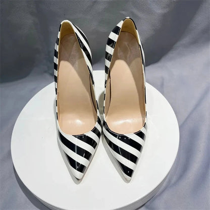 Striped Print Women Pointy Toe Stiletto Pumps with Yellow Heels
