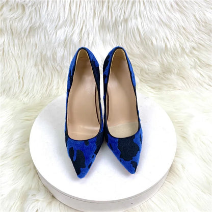 Blue Cow Women Hairy Flock Pointy Toe High Heel Shoes   Cow Women High Heel Shoes