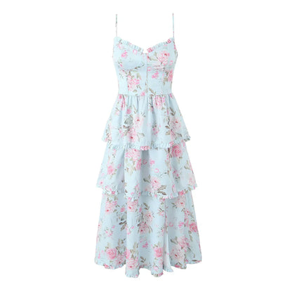 Print Cross Lacing up Back Slit Midi Dress