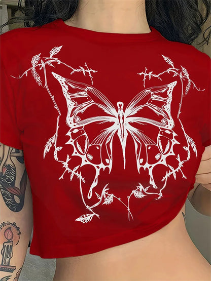 Butterfly Print Fitted Crop Grunge T-shirt
