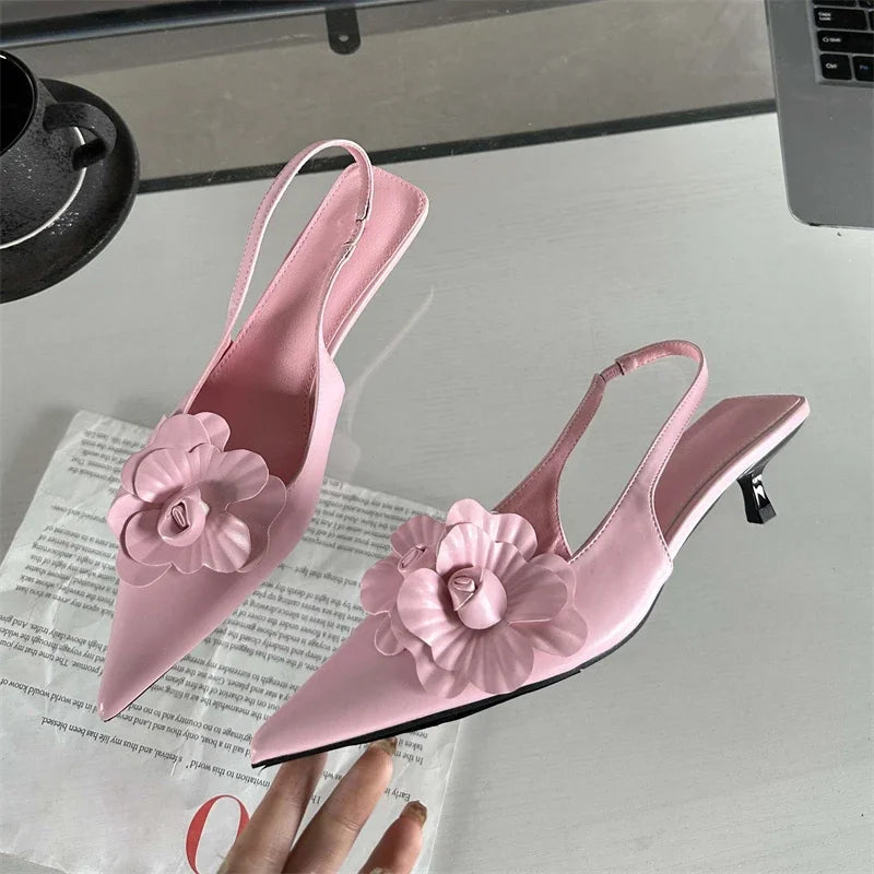Sexy Flower Pointed Toe Thin Low Heels Pumps for Women