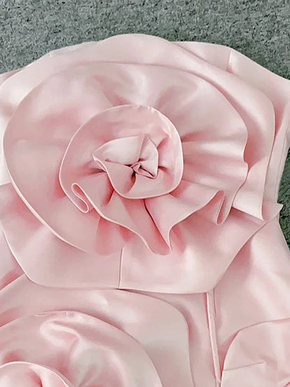3D Floral Strapless Solid Mid-Calf Dress