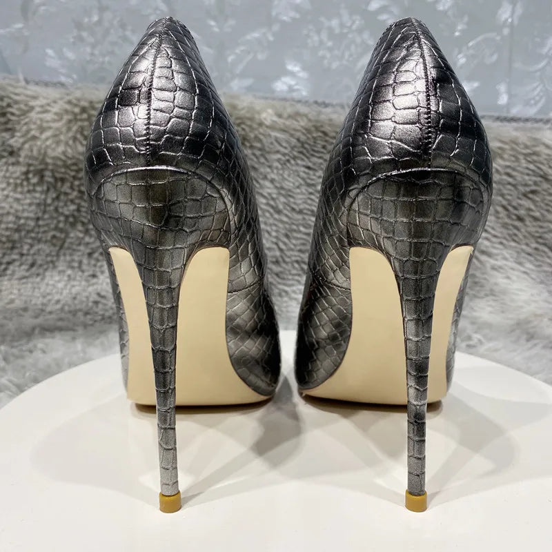 Grey Crocodile Effect Pointy Toe High Heel Party Dress Wedding Shoes for Women
