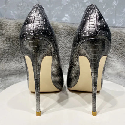 Grey Crocodile Effect Pointy Toe High Heel Party Dress Wedding Shoes for Women