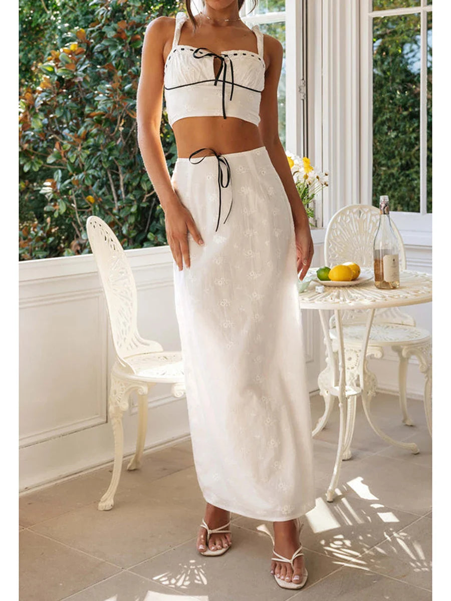 Embroidered Flower Camisole Skirt Two Piece Set