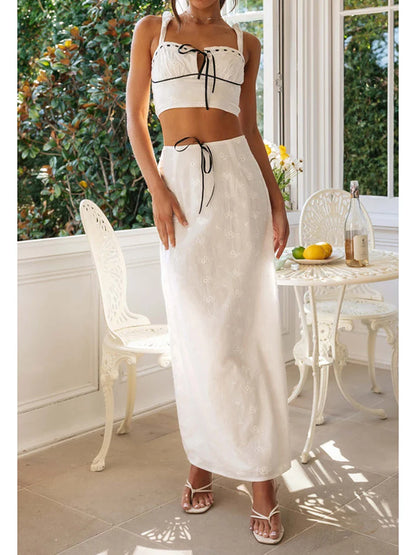 Embroidered Flower Camisole Skirt Two Piece Set