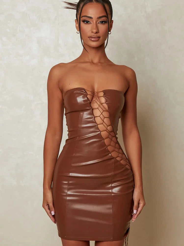 PU Leather Strapless Sleeveless Bodycon Dress