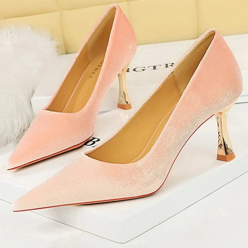 High Heels 7 Cm Suede Women Pumps with Metal Heel