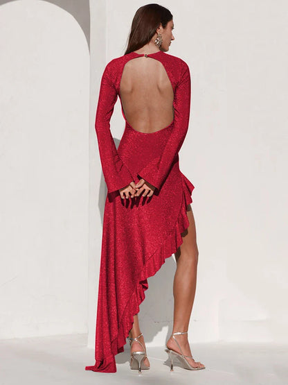 Glitter Thigh High Split Ruffled Bodycon Dress