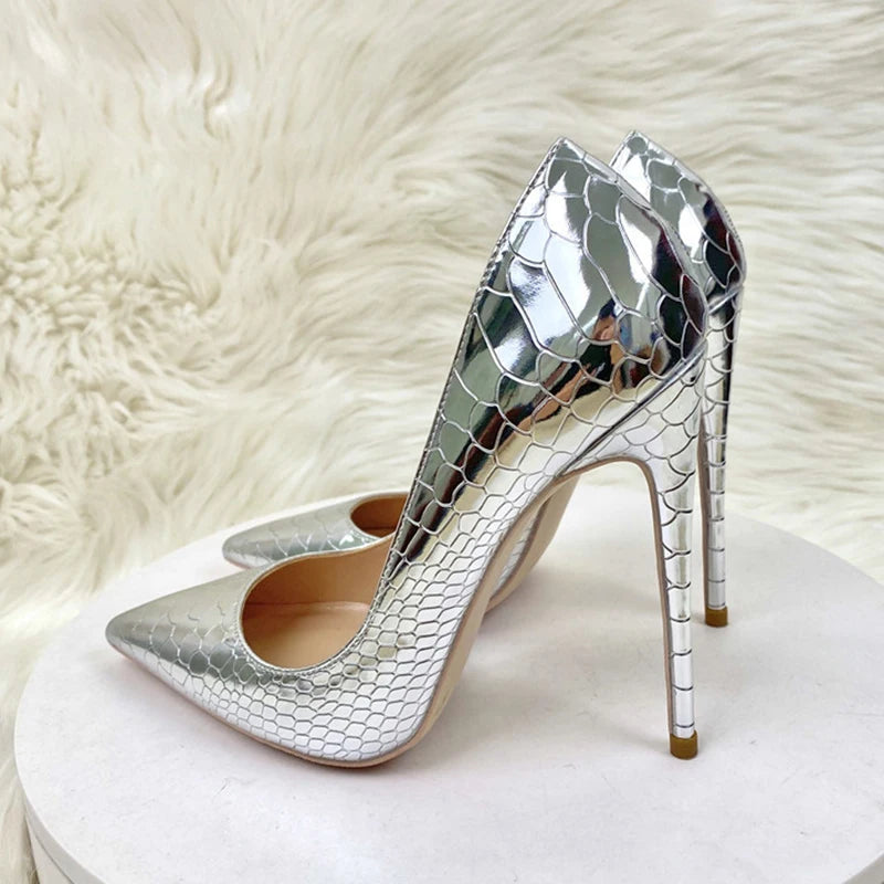 Silver Crocodile Effect Pointy Toe High Heel Party Shoes for Women