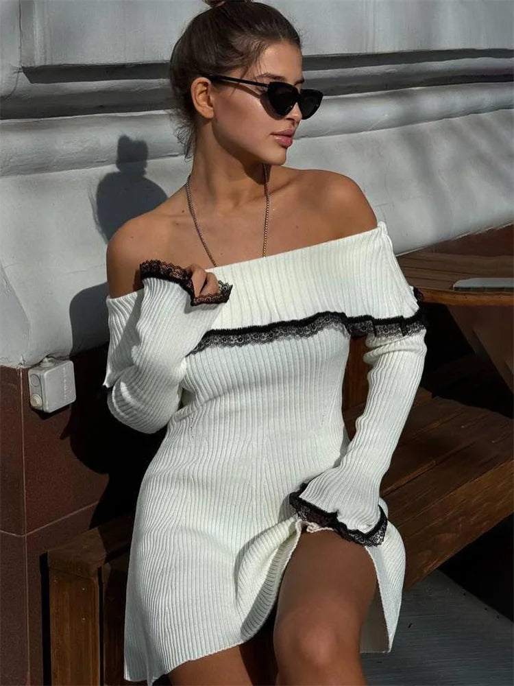 Off Shoulder Rib Knit Lace Trim Bell Cuff Mini Dress
