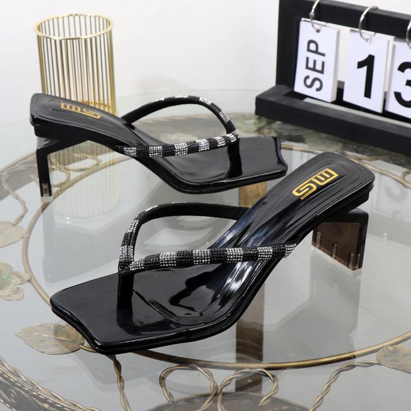 Rhinestone clip toe flip-flops with square heel, designer luxury sandals