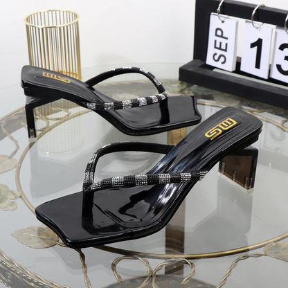 Rhinestone clip toe flip-flops with square heel, designer luxury sandals