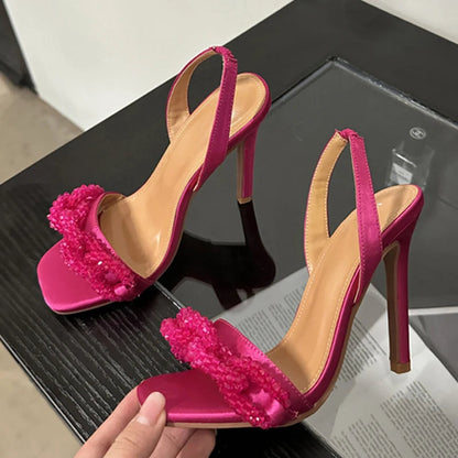 Crystal Chain Square Toe Slip On Back Strap Thin High Heels for Summer Fashion