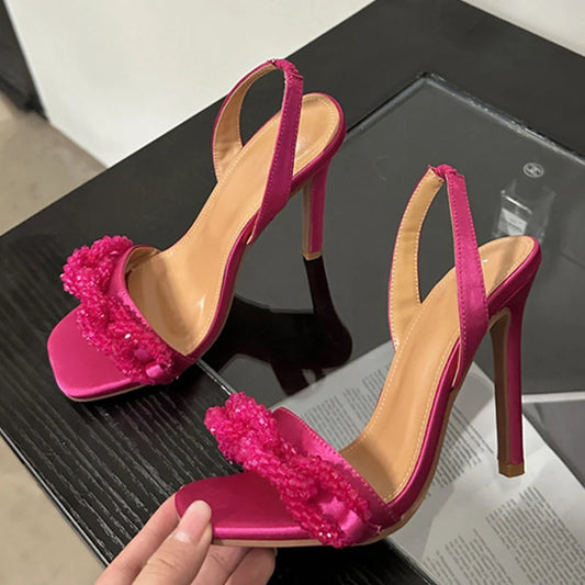Crystal Chain Square Toe Slip On Back Strap Thin High Heels for Summer Fashion