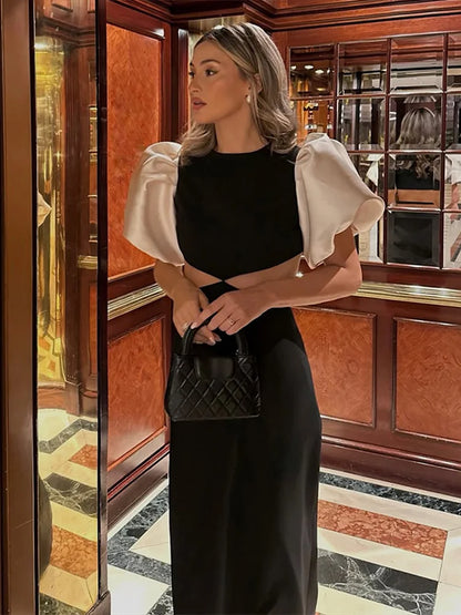 Patchwork Puff Sleeve Hollow Out Long Dress