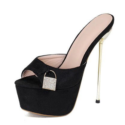 Metal Buckle Platform Slippers with Super Thin High Heels for Women