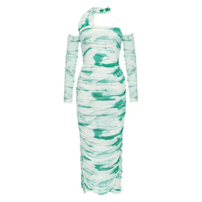 Halter Open Shoulder Printed Lace Fold Midi Dress