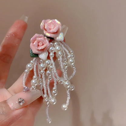 Korean Fashion Pink Flower Pearl Tassel Earrings for Women Luxury Fairy Jewelry