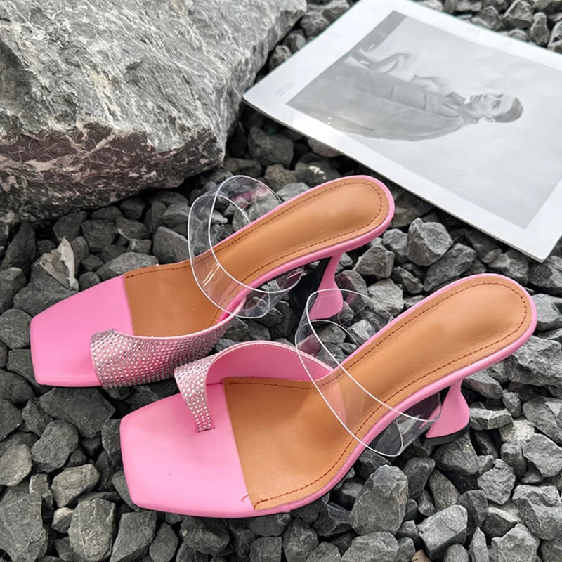 Crystal Rhinestone Summer Open Toe Mules High Heels Sandals for Women
